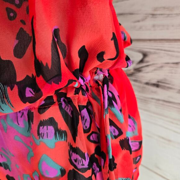 Paradise Orange Red Leopard Print Sheer Cinches Waist Tunic Sz Small - Picture 3 of 8
